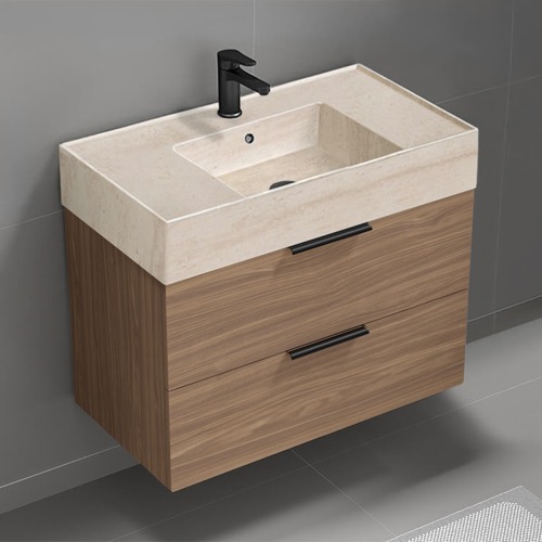 Floating Bathroom Vanity, Modern, Walnut, 32 Inch, Travertine Style Sink Nameeks DERIN808