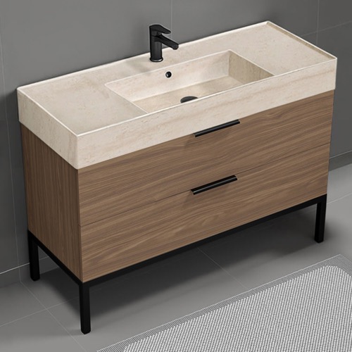 Modern Bathroom Vanity, Walnut, 48 Inch, Travertine Style Sink, Free Standing Nameeks DERIN811
