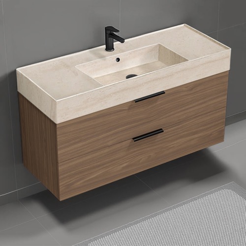 Floating Bathroom Vanity, Modern, Walnut, 48 Inch, Travertine Style Sink Nameeks DERIN812