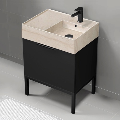 Modern Small Black Bathroom Vanity, 24 Inch, Travertine Style Sink, Free Standing Nameeks DERIN842