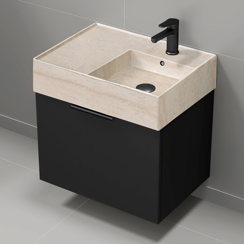 Floating Small Black Bathroom Vanity, Modern, 24 Inch, Travertine Style Sink Nameeks DERIN845