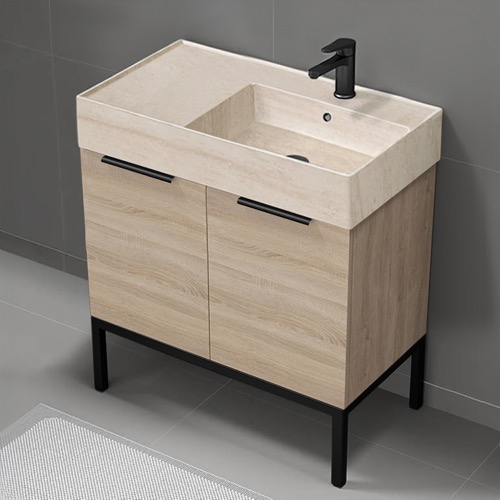 Bathroom Vanity - Modern, 32 Inch, Brown Oak, Travertine Sink Nameeks DERIN858