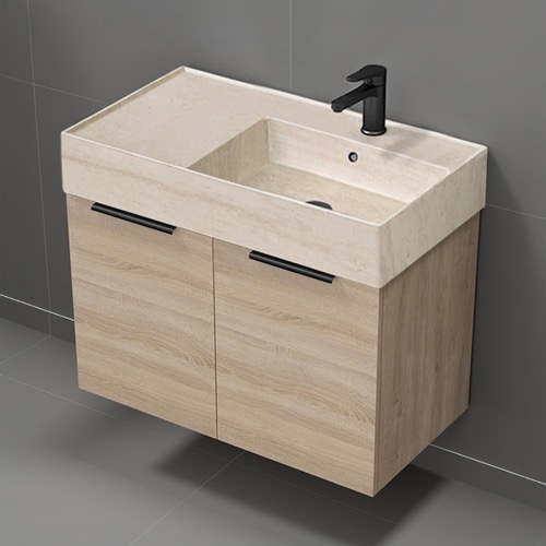 Floating Vanity - Modern, Brown Oak, Travertine Sink Nameeks DERIN861