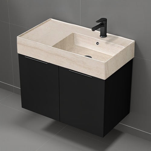 Floating Vanity - Modern, Matte Black, Travertine Sink Nameeks DERIN863