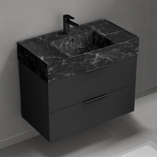 Floating Black Bathroom Vanity, Modern, 32 Inch, Black Marble Style Sink Nameeks DERIN875