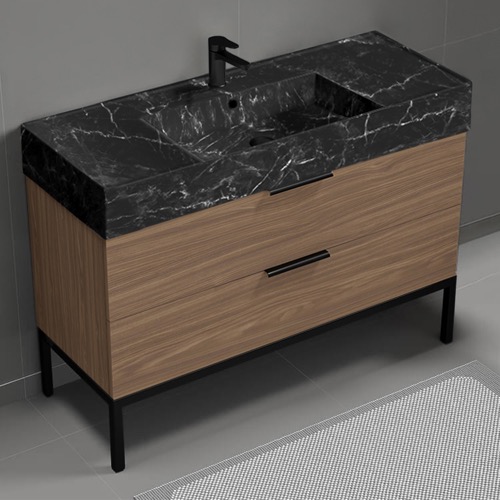 Modern Bathroom Vanity, Walnut, 48 Inch, Black Marble Style Sink, Free Standing Nameeks DERIN931