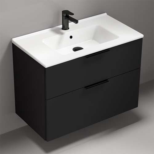 Wall Mounted Black Bathroom Vanity, Modern, 34 Inch Nameeks BODRUM156