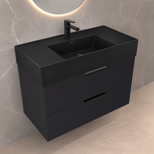 Fluted Black Floating Bathroom Vanity - 32 Inch, Modern, Matte Black, Fluted Cabinet Nameeks DERIN1084
