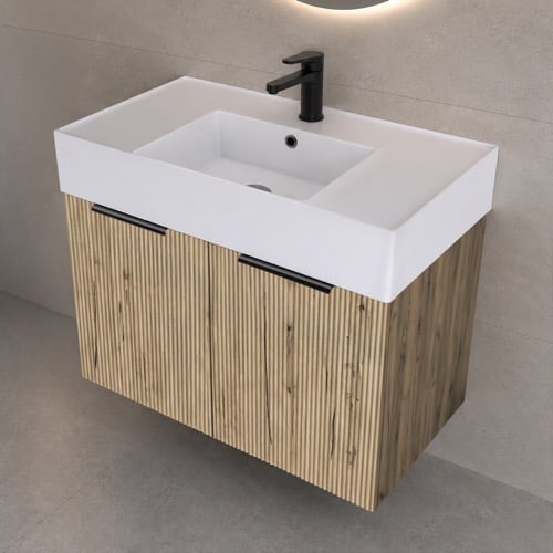 32 Inch Floating Bathroom Vanity With Sink - Rustic Brown Oak, Fluted Cabinet Nameeks DERIN1029