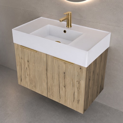 32 Inch Floating Bathroom Vanity With Sink - Rustic Brown Oak, Gold Handles, Fluted Cabinet Nameeks DERIN1032