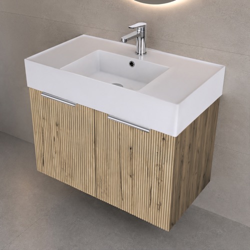 32 Inch Floating Bathroom Vanity With Sink - Rustic Brown Oak, Chrome Handles, Fluted Cabinet Nameeks DERIN1035