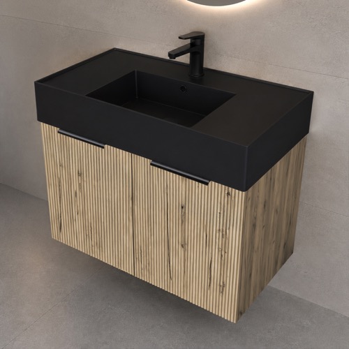 32 Inch Floating Bathroom Vanity With Sink - Rustic Brown Oak, Fluted Cabinet Nameeks DERIN1038