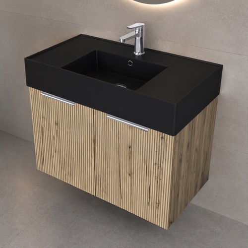 32 Inch Floating Bathroom Vanity With Black Sink - Rustic Brown Oak, Chrome Handles, Fluted Cabinet Nameeks DERIN1044