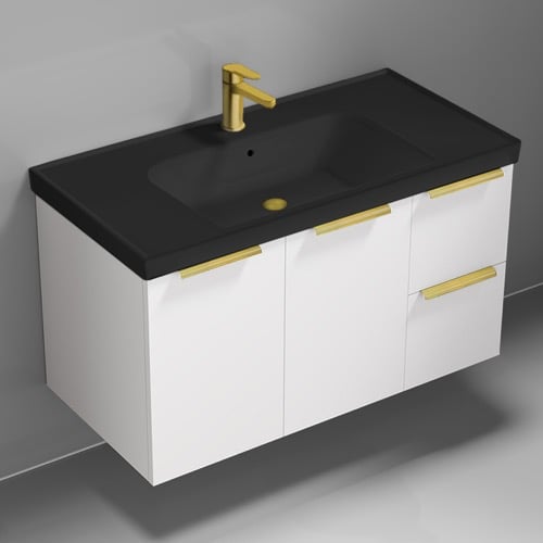 Wall Mounted Bathroom Vanity, Glossy White, Black Ceramic Sink, 36 Inch, Gold Handles Nameeks FRAME14
