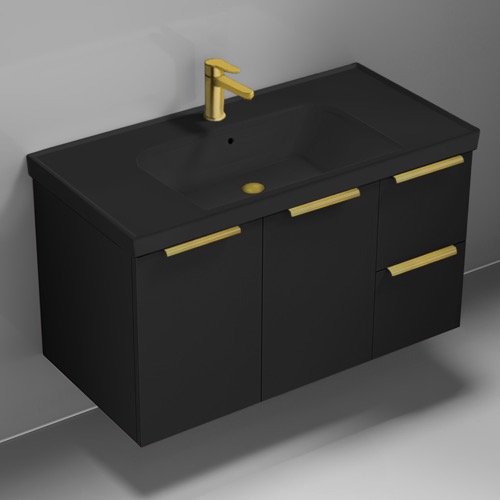 Wall Mounted Black Bathroom Vanity, Modern, 36 Inch, Gold Handles Nameeks FRAME15