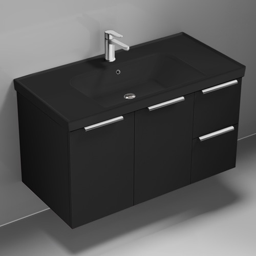 Wall Mounted Black Bathroom Vanity, Modern, 36 Inch, Chrome Handles Nameeks FRAME18
