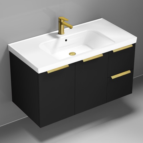 Wall Mounted Black Bathroom Vanity, Modern, 36 Inch, Gold Handles Nameeks FRAME6