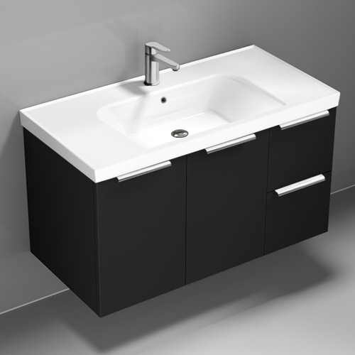 Wall Mounted Black Bathroom Vanity, Modern, 36 Inch, Chrome Handles Nameeks FRAME9