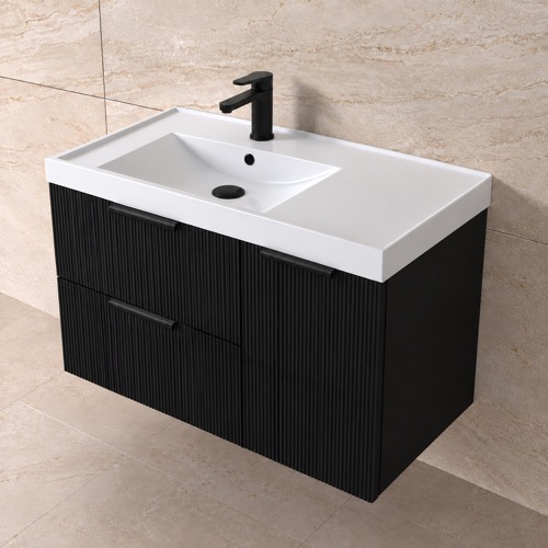 Fluted 36 Inch Floating Bathroom Vanity With Sink - Modern, Matte Black, Fluted Cabinet Nameeks LISBON33