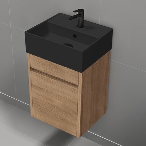 16 Inch Floating Bathroom Vanity With Black Sink - Small, Modern, Weathered Light Oak Nameeks MINI59