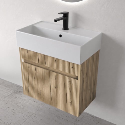 Rustic Brown Oak Fluted Bathroom Vanity, 24 Inch, Floating, Fluted Cabinet Nameeks MINI27
