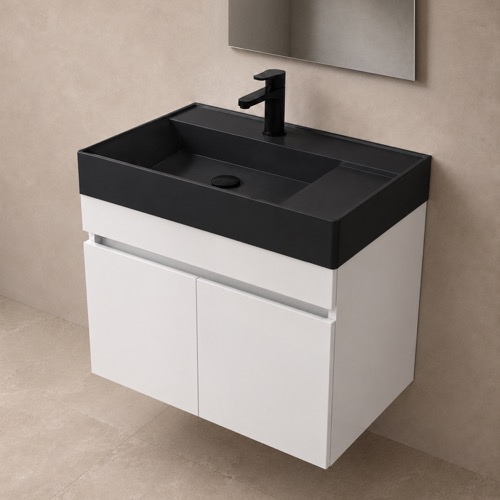 Modern Floating Bathroom Vanity With Black Sink Top, 26 Inch, Glossy White Nameeks MINI37