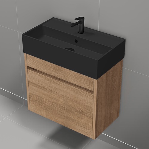 24 Inch Floating Bathroom Vanity With Black Sink - Small, Modern, Weathered Light Oak Nameeks MINI61