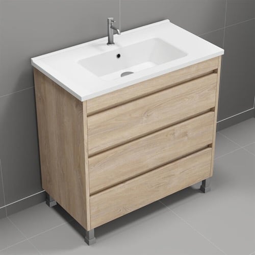 Modern Bathroom Vanity, Floor Standing, 32 Inch, Brown Oak Nameeks SKY13