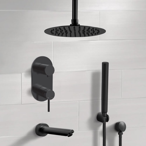 Black Tub and Shower Faucet Set with Handheld and Ceiling Shower Head Remer TSH69