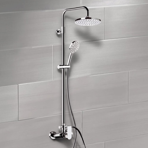 Chrome Exposed Pipe Shower System with 8 Inch Rain Shower Head and Hand Shower Chrome Exposed Pipe Shower System with 8 Inch Rain Shower Head and Hand Shower Remer SC520