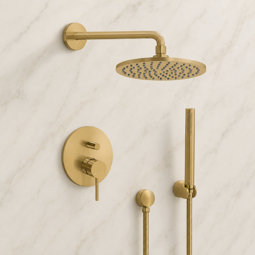 Matte Gold Shower System With 8 Inch Rain Shower Head and Hand Shower Remer SFH91