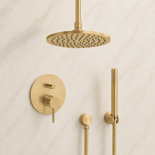 Matte Gold Ceiling Shower With 8 Inch Rain Shower Head and Hand Shower Remer SFH92