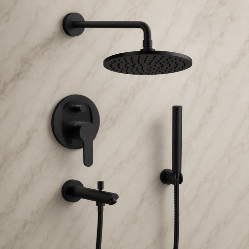 Matte Black Tub and Shower Faucet Set with Handheld, Rain Shower Head Remer TSH49