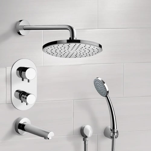Chrome Thermostatic Tub and Shower System with 8 Inch Rain Shower Head and Hand Shower Remer TSH03