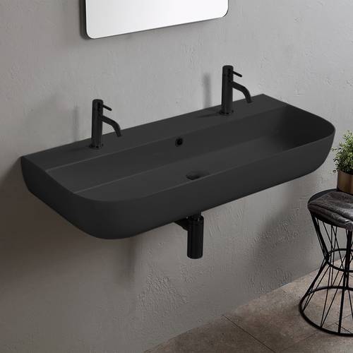 Black Ceramic Trough Wall Mounted or Vessel Sink Scarabeo 1813B-49