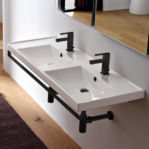 Double Basin Wall Mounted Ceramic Sink With Black Towel Bar Scarabeo 3006-TB-BLK
