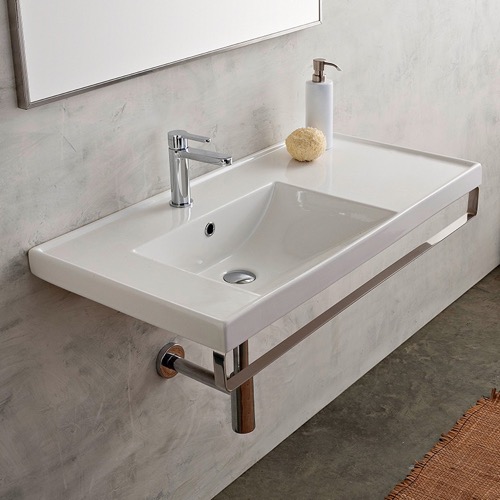 Rectangular Wall Mounted Ceramic Sink With Polished Chrome Towel Bar Scarabeo 3008-TB