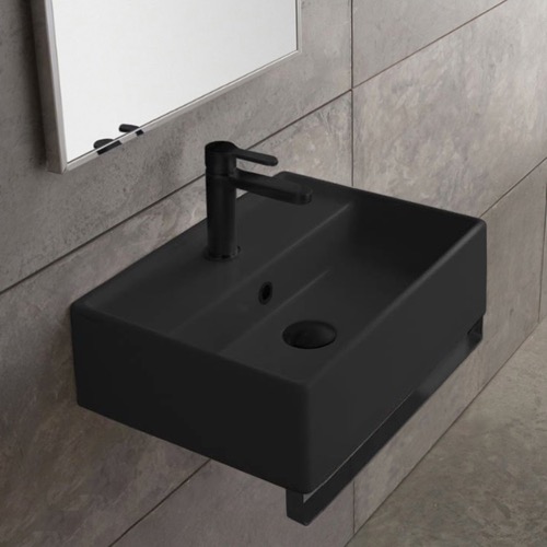 Black Ceramic Wall Mounted Sink With Black Towel Bar Scarabeo 5001-49-TB-BLK