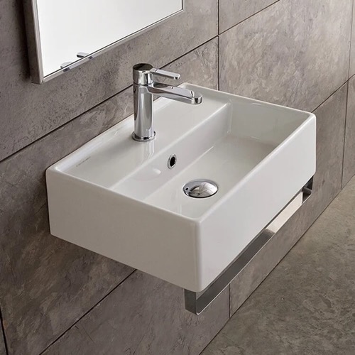 Rectangular Wall Mounted Ceramic Sink With Polished Chrome Towel Bar Scarabeo 5001-TB