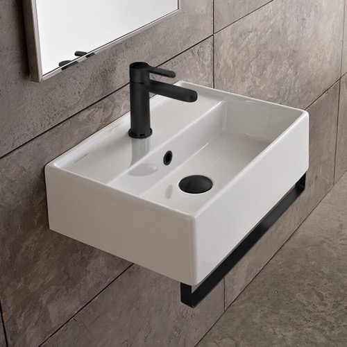 Rectangular Wall Mounted Ceramic Sink With Black Towel Bar Scarabeo 5001-TB-BLK