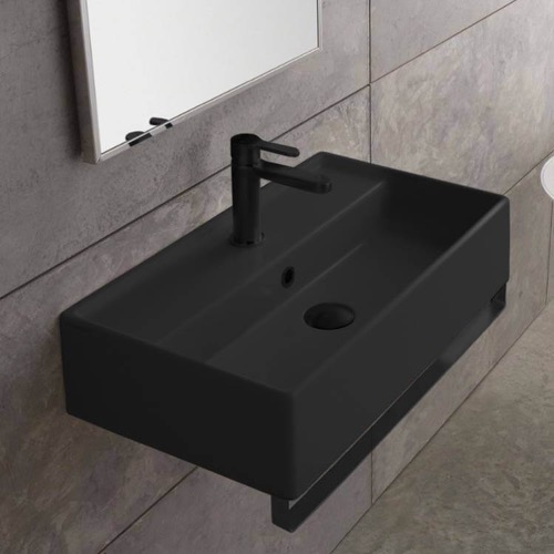 Black Ceramic Wall Mounted Sink With Black Towel Bar Scarabeo 5002-49-TB-BLK