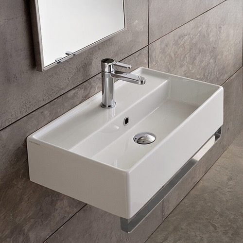 Rectangular Wall Mounted Ceramic Sink With Polished Chrome Towel Bar Scarabeo 5002-TB