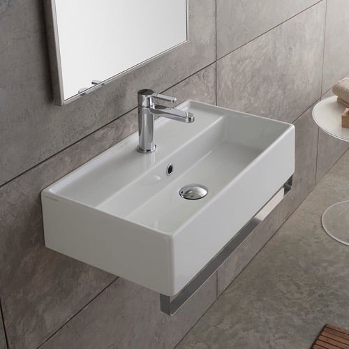 Rectangular Wall Mounted Ceramic Sink With Polished Chrome Towel Bar Scarabeo 5002-TB