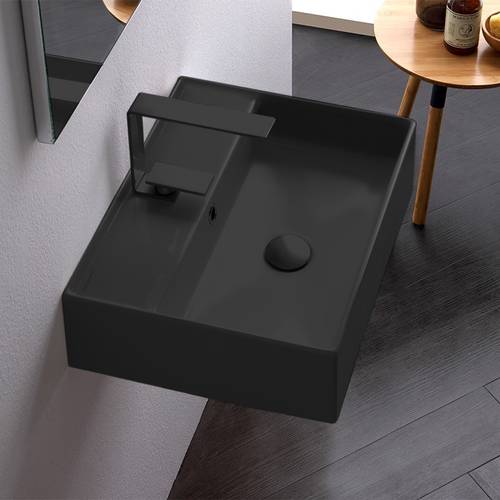 Rectangular Matte Black Ceramic Wall Mounted or Vessel Sink Scarabeo 5111-49