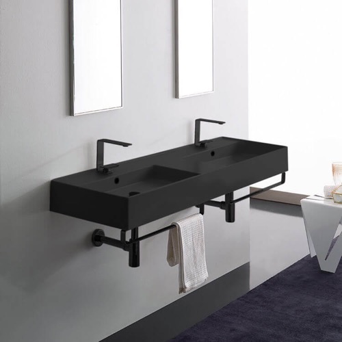Double Black Wall Mounted Ceramic Sink With Black Towel Bar Scarabeo 5116-49-TB-BLK