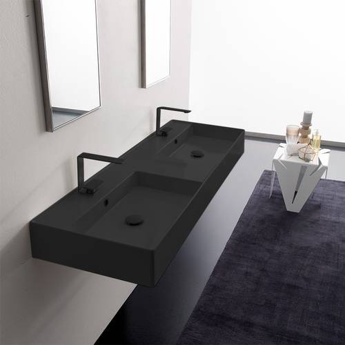 Double Matte Black Ceramic Wall Mounted or Vessel Sink With Counter Space