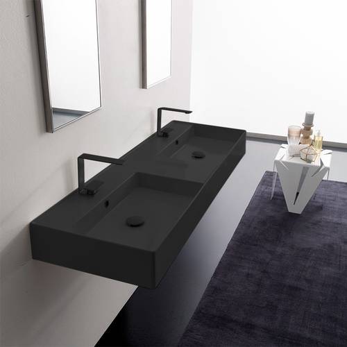 Double Black Ceramic Wall Mounted or Vessel Sink With Counter Space Double Black Ceramic Wall Mounted or Vessel Sink With Counter Space Scarabeo 5116-49