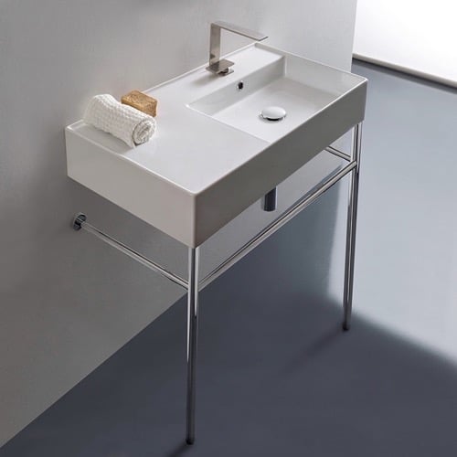Rectangular Ceramic Console Sink and Polished Chrome Stand, 32