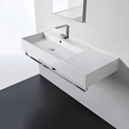 Rectangular Ceramic Wall Mounted Sink With Counter Space, Towel Bar Included
