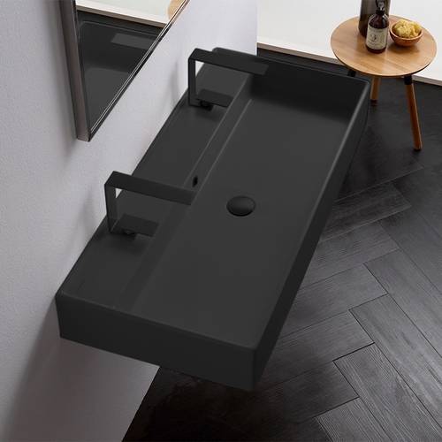 Black Ceramic Trough Wall Mounted or Vessel Sink Scarabeo 8031/R-100B-49